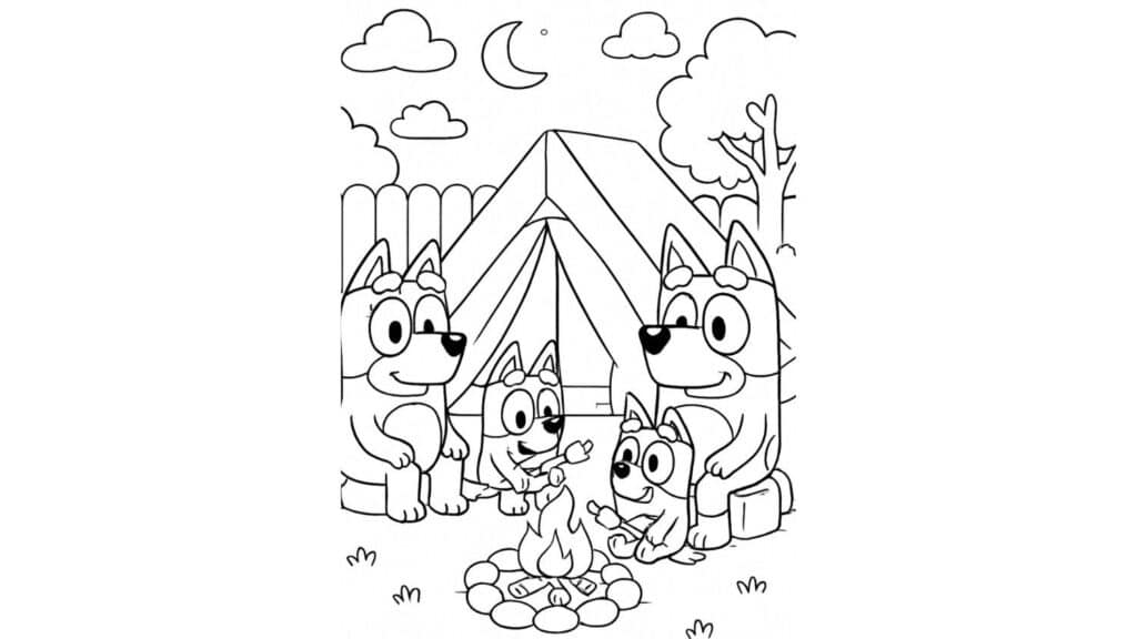 Bluey family camping in the backyard with a tent and campfire