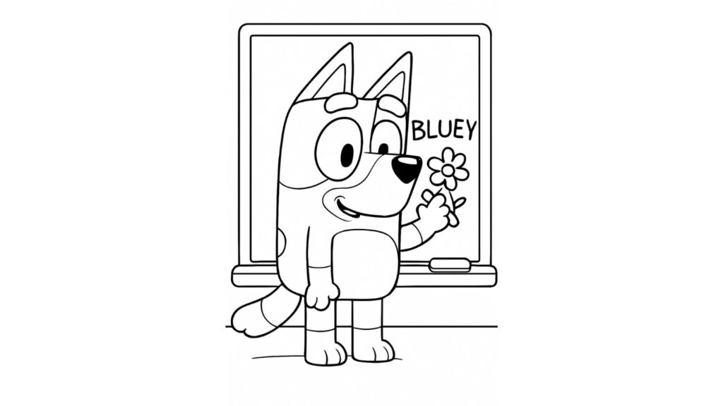 Bluey writing and drawing on a chalkboard with chalk and erase