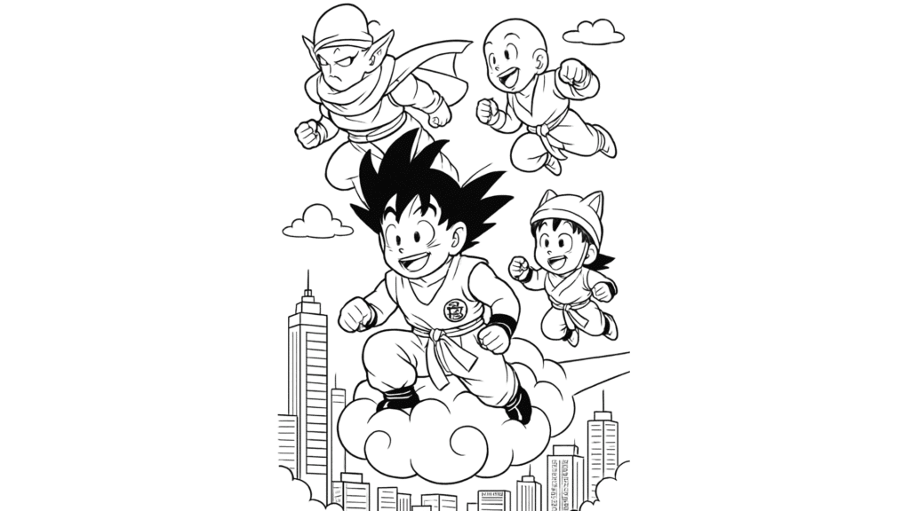 Goku & Friends Flying Over the City