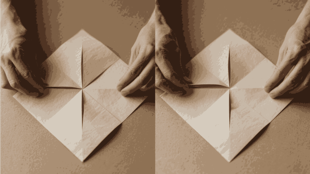 Hands separating four paper layers and executing squash fold on both sides simultaneously, creating symmetrical dimensional diamond shapes. Split-screen or dual view showing both sides being completed