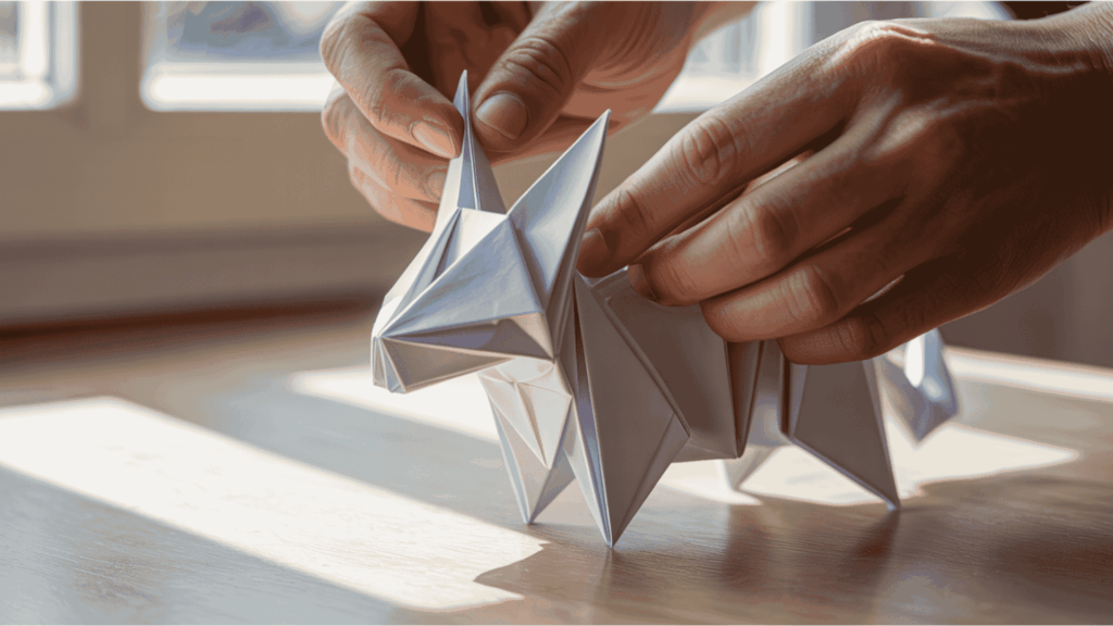 Hands separating four paper layers and executing squash fold on both sides simultaneously, creating symmetrical dimensional diamond shapes. Split-screen or dual view showing both sides being completed