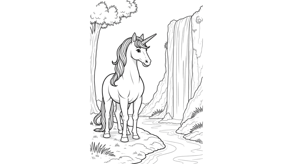 Unicorn by a Waterfall