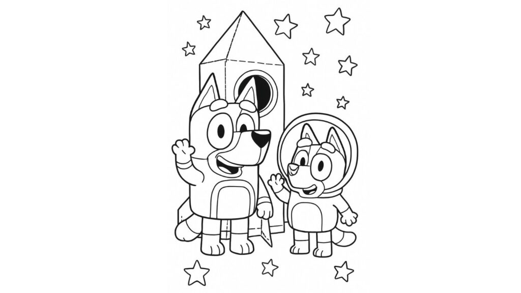 bluey and bingo as space explorers with cardboard rocket and star