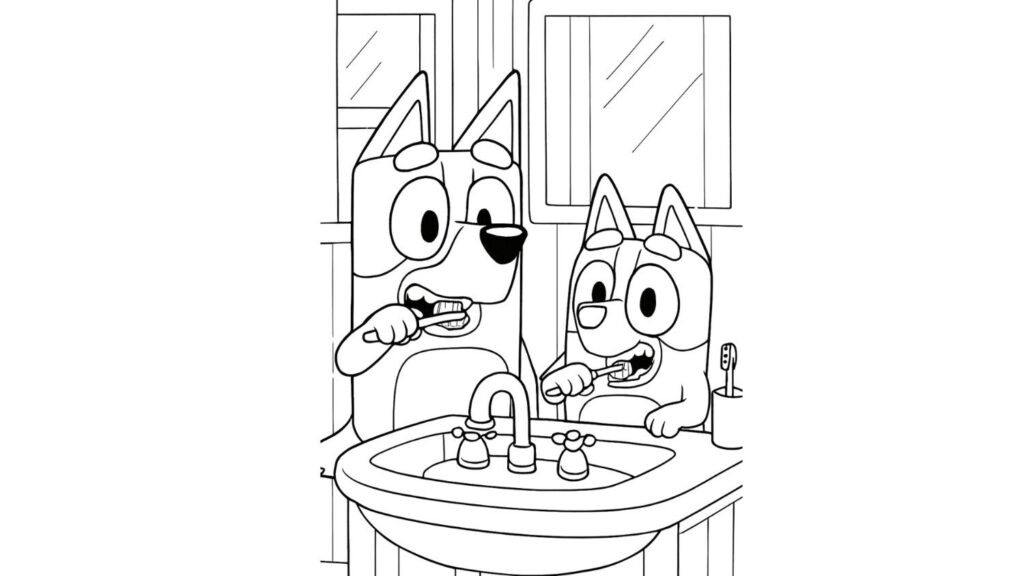 Bluey And Bingo Brushing Teeth Together in the Bathroom
