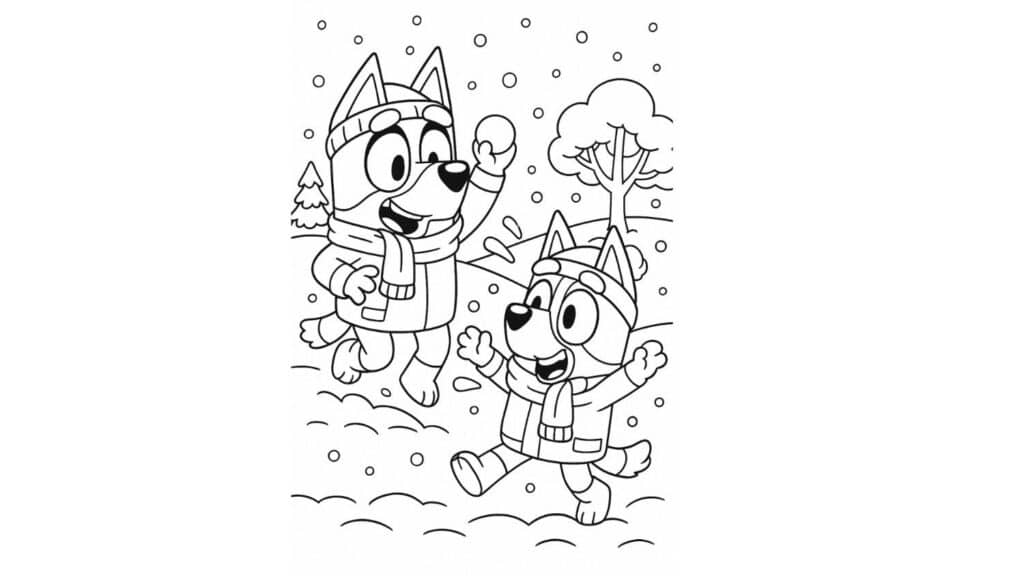 bluey and bingo having a fun snowball fight outside in winter clothes