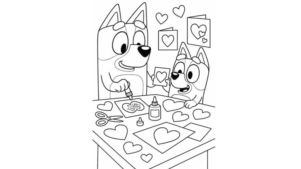 bluey and bingo making valentines cards with paper hearts and glitte