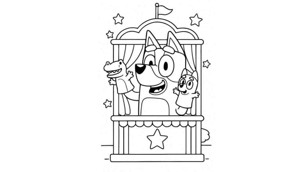 bluey doing a puppet show with hand puppets and a small stag