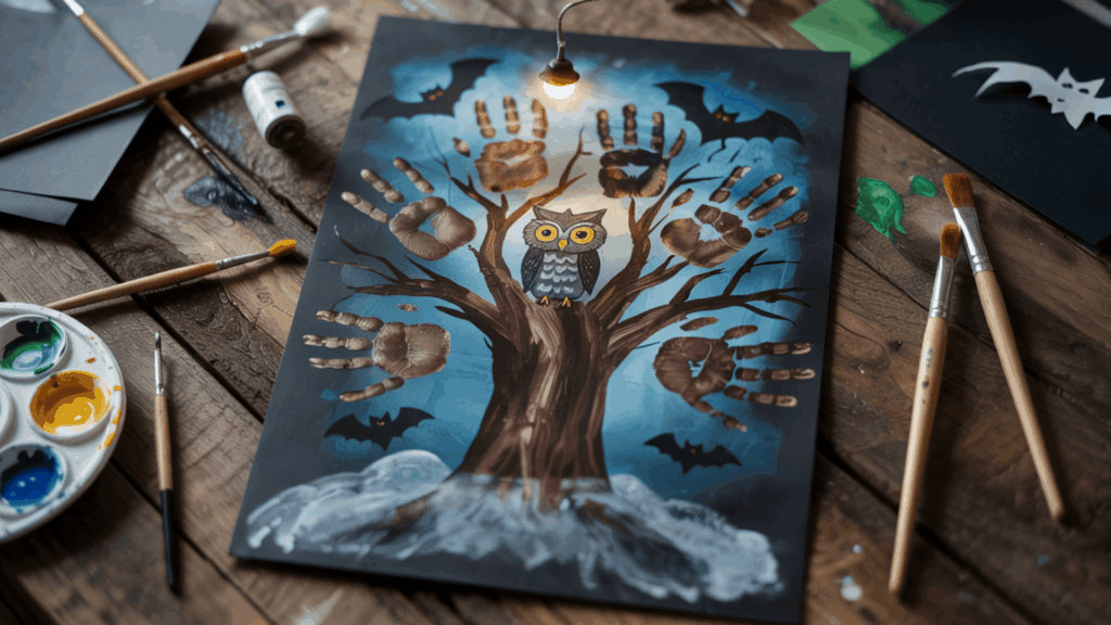 halloween art handprint haunted tree