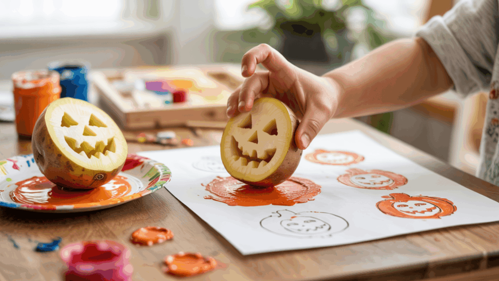 Halloween art Jack O’Lantern potato stamping