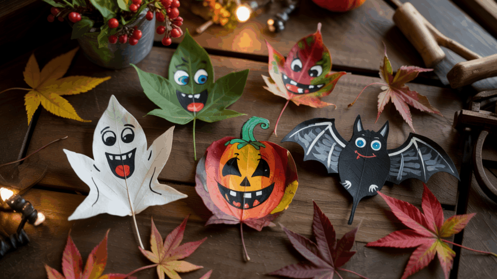 halloween art painted leaf halloween characters