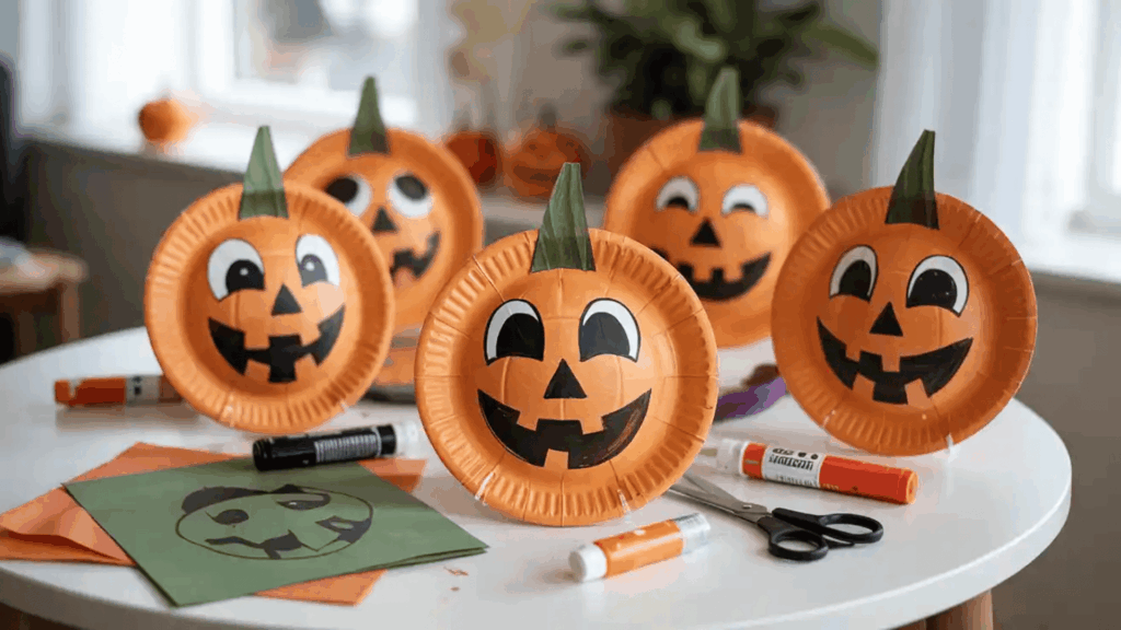 Halloween art paper plate Jack O’Lantern faces