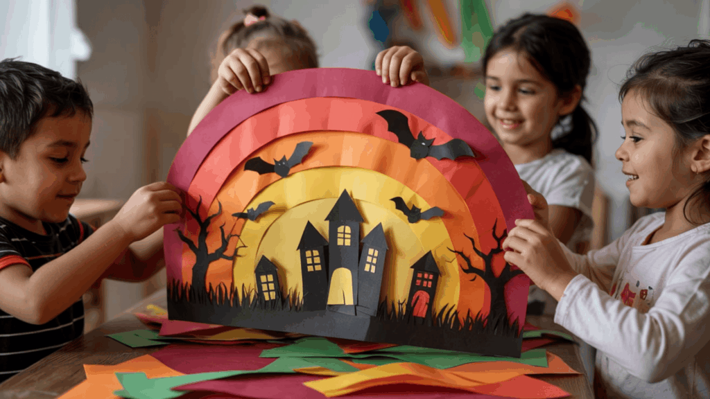 halloween art torn paper sunset silhouettes