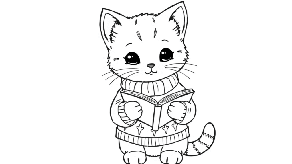 Kitten in a Sweater Reading a Book