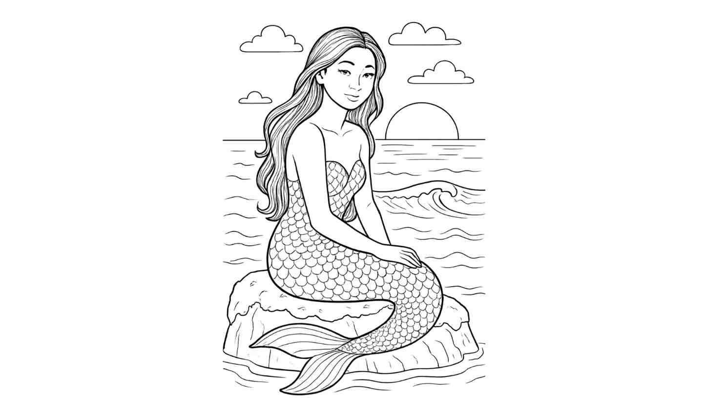 Mermaid on a Rock at Sunset