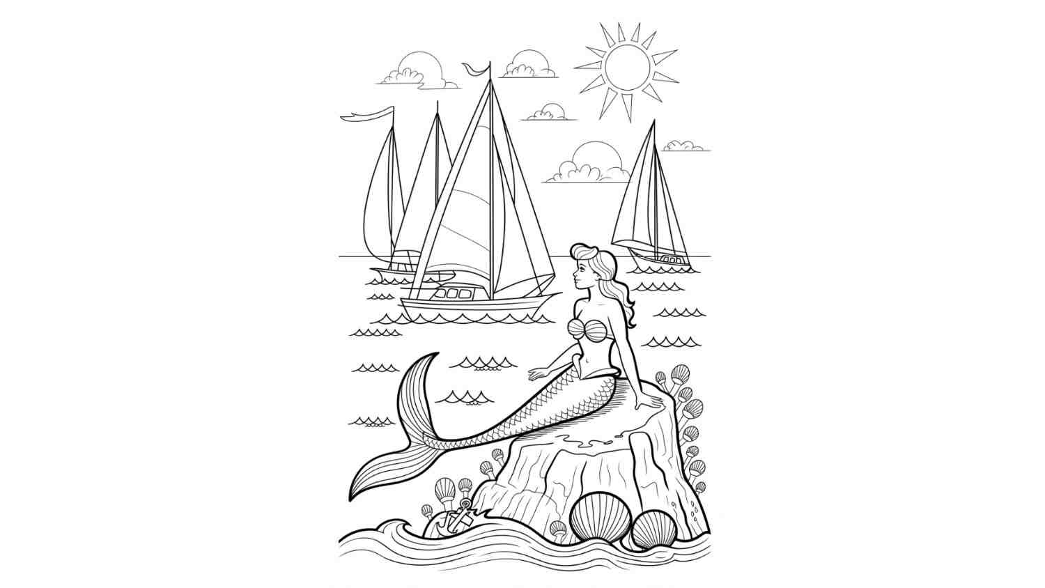 Vintage Mermaid on a Rock with Sailboats
